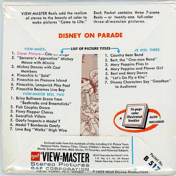 Disney on Parade - View-Master - Vintage - 3 Reel Packet - 1970s views - (PKT-B517-G3Bmint) Packet 3Dstereo 