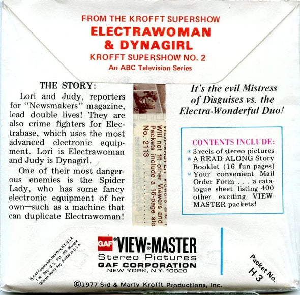 Electra Woman and Dyna Girl - View-Master 3 Reel Packet - 1970s - Vintage - (PKT-H3-G5mint) Packet 3dstereo 