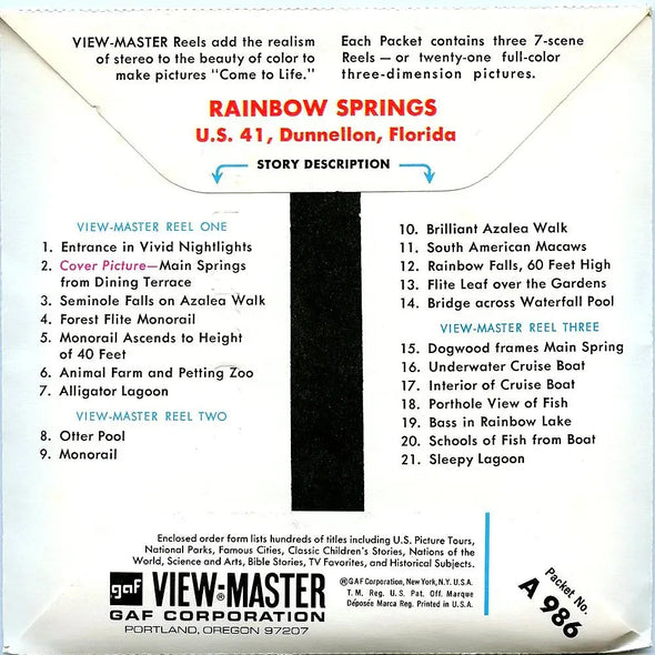 Florida's Rainbow Springs - View-Master 3 Reel Packet - 1970s views - vintage - (PKT-A986-G1A) Packet 3Dstereo 