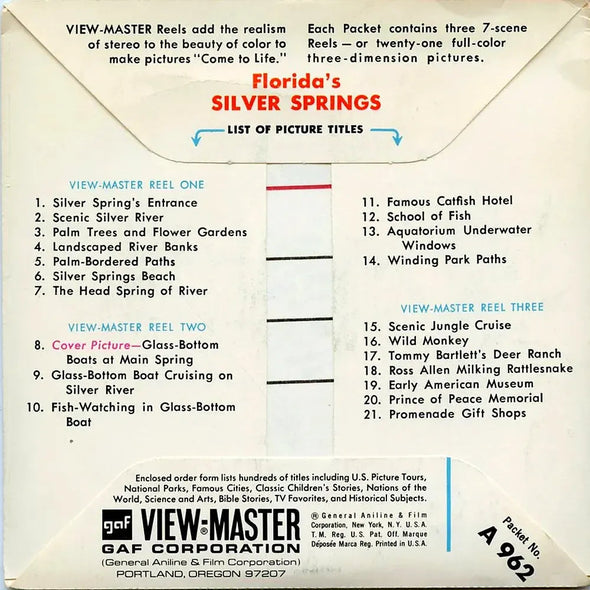 Florida's Silver Springs -View-Master 3 Reel Packet - 1960s views - vintage - (PKT-A962-G1A) Packet 3dstereo 