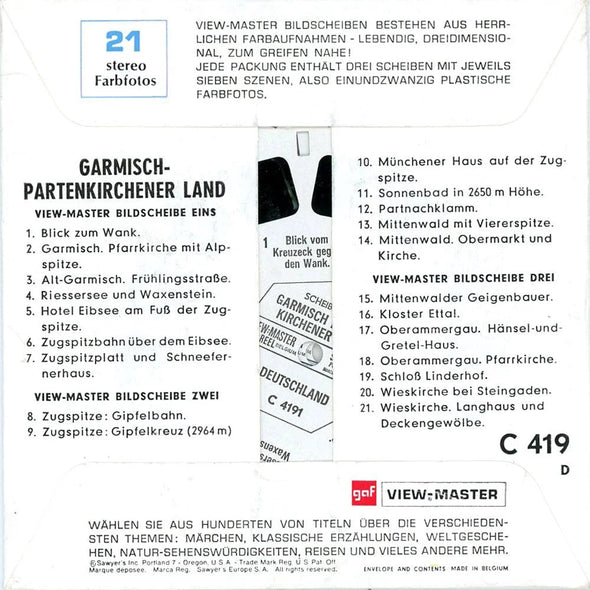 Garmisch Partenkirchener Land - German Text - View-Master 3 Reel Packet - 1960s Views - Vintage - (PKT-C419-BG-1D) Packet 3dstereo 