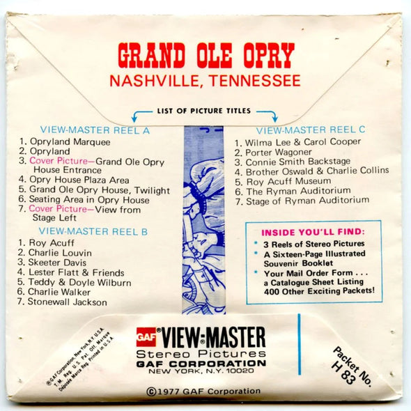 Grand Ole Opry - View-Master - Vintage - 3 Reel Packet - 1970s views ( PKT-H83-G5mint ) Packet 3dstereo 