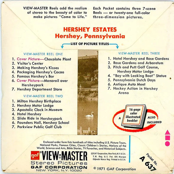 Hershey Estates - View-Master 3 Reel Packet - 1970s Views - Vintage - (ECO-A637-G3A) Packet 3Dstereo 