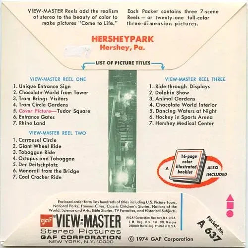 Hersheypark - View-Master 3 Reel Packet- 1970s - vintage - (A637-G3B) Packet 3dstereo 