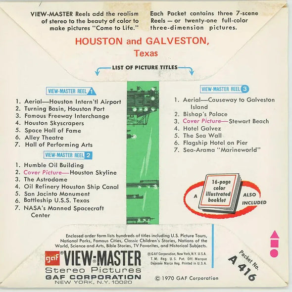 Houston and Galveston, Texas  - View-Master  3 Reel Packet  - 1960s views - vintage (A416-G1B)