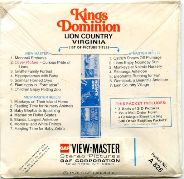 Kings Dominion Lion Country- Views-Master 3 Reel Packet - 1970s views - vintage ( PKT-A826-G5A) 3Dstereo.com 