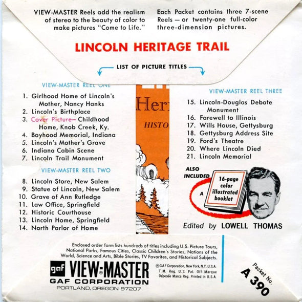 Lincoln Heritage Trail - View-Master 3 Reel Packet - 1960s Views - Vintage - (ECO-A390-G1A) Packet 3dstereo 