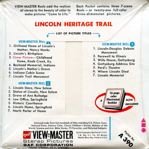 Lincoln Heritage Trail - View-Master 3 Reel Packet - 1970s Views - Vintage - (PKT-A390-G3Amint) Packet 3Dstereo 