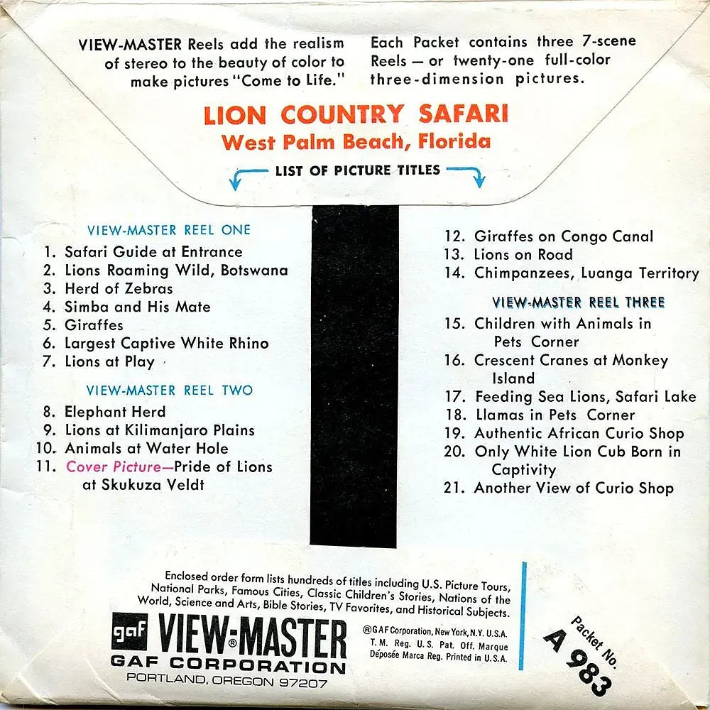 Lion Country Safari - View-Master - 3 Reel Packet - 1970s views - vintage -  (PKT-A983-G1A)