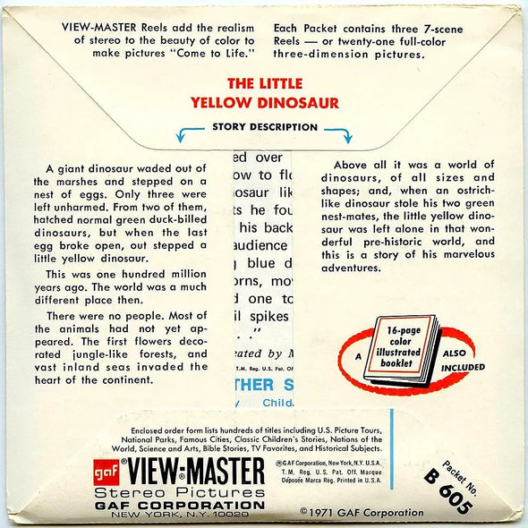 Little Yellow Dinosaur - View-Master - Vintage - 3 Reel Packet - 1970s views - (PKT-B605-G3A) Packet 3Dstereo 