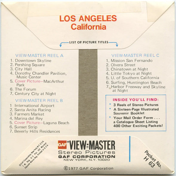 Los Angeles - View-Master 3 Reel Packet - 1970s views - vintage - H63-G5 Packet 3Dstereo 