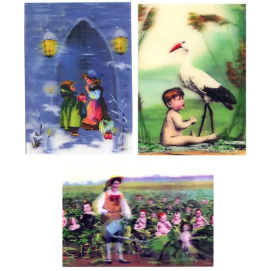 3 Victorian Children -POSTCARDS Stork, Cabbages, 3D Lenticular Greeting Cards - NEW Postcard 3dstereo 