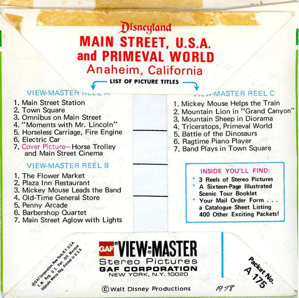 Main Street & Primeval World - View-Master 3 Reel Packet - 1970s Views - Vintage - (ECO-A175-G5J) Packet 3dstereo 