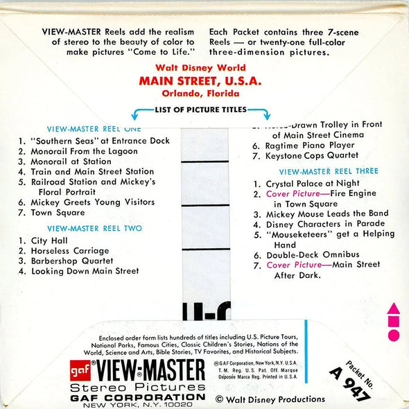 Main Street U.S.A. - View-Master 3 Reel Packet - 1970s Views - Vintage - (ECO-A947-G3A-a)