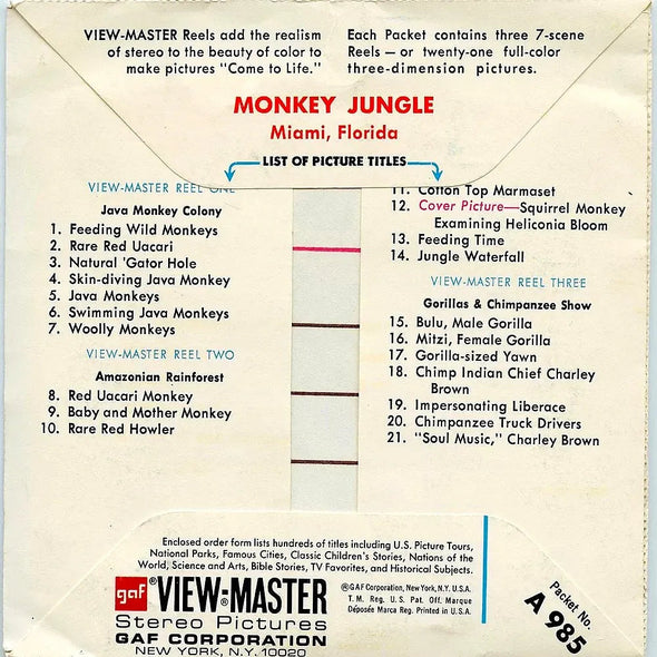 Monkey Jungle - Miami, Florida - View-Master 3 Reel Packet - 1970s views - vintage - (PKT-A985-G1A) Packet 3dstereo 
