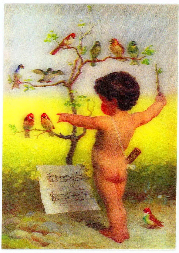 Postcard - Victorian Cupid Conducting Birds in Trees to Sing - 3D Lenticular Postcard - NEW