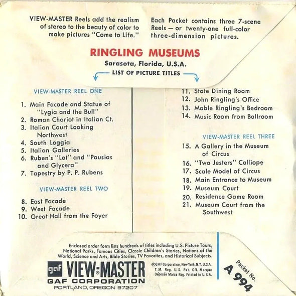 Ringling Museums, Sarasota, Florida - View-Master 3 Reel Packet - 1970s views - vintage - (PKT-A994-G1A) Packet 3dstereo 