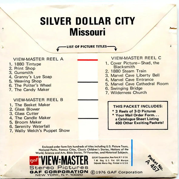 Silver Dollar City - View-Master 3 Reel Packet - 1970s views - vintage - (PKT-A457-G3Bnk) Packet 3dstereo 