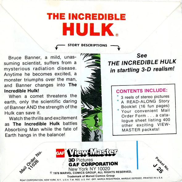 The Incredible Hulk - View-Master 3 Reel Packet - 1970s - Vintage - (ECO-J26-G6)