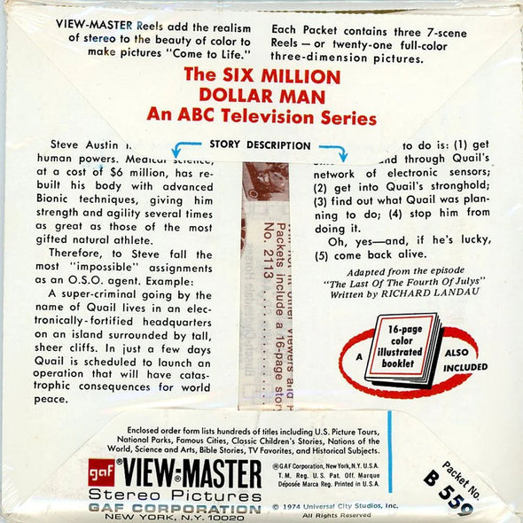 The Six Million Dollar Man - View-Master 3 Reel Packet - 1970s - Vintage - (PKT-B559-G3Amint) Packet 3Dstereo 