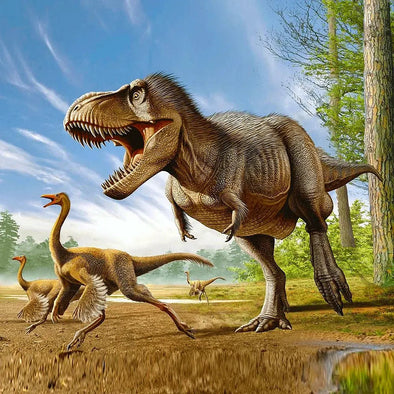 Tyrannosaurus Rex hunting Struthiomimus - 3D Lenticular Maxi-Postcard Greeting Card - NEW Postcard 3dstereo 