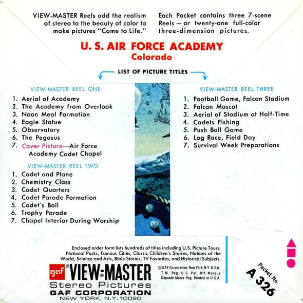 U.S Air Force Academy - Colorado - A326 - View-Master 3 Reel Packet - 1960s views - vintage - (PKT-A326-G3B) Packet 3dstereo 