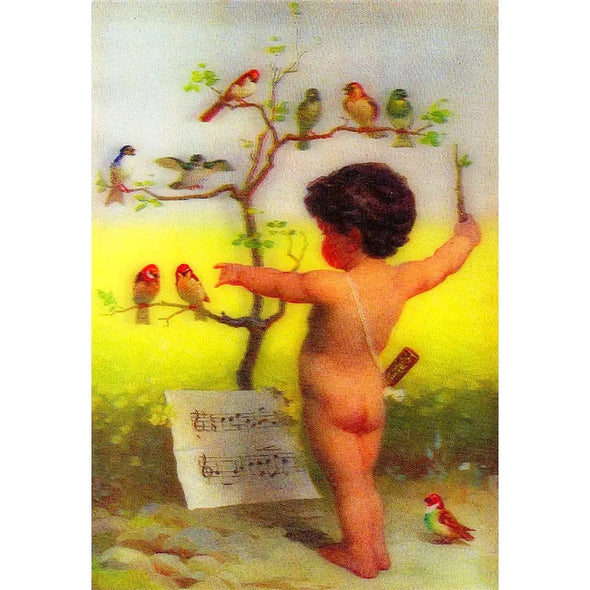 Victorian Cupid Directing Musical Birds - 3D Lenticular Postcard Greeting Card 3dstereo 