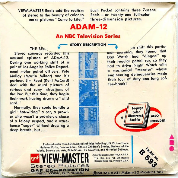 Adam-12- View-Master 3 Reel Packet - 1970s - vintage - (PKT-B593-G3Amint) Packet 3Dstereo 
