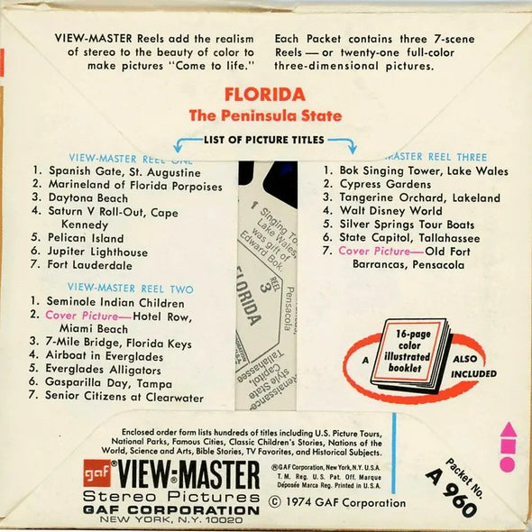 Florida - Map Series - View-Master - Vintage - 3 Reel Packet - 1970s Views (ECO-A60-G3A) Packet 3dstereo 