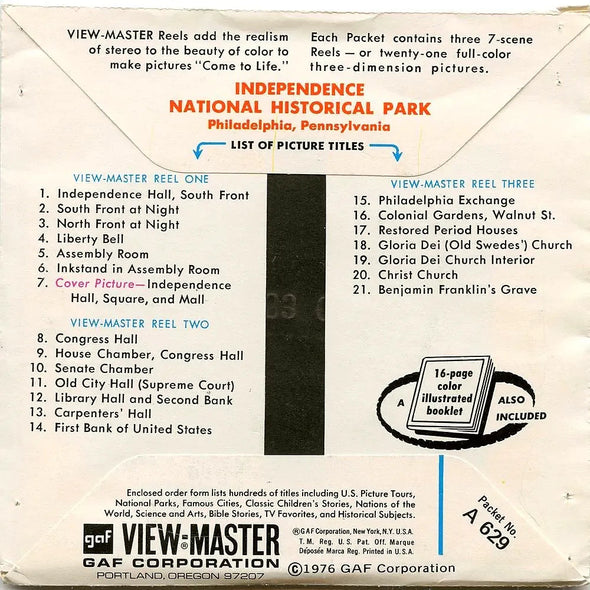 ViewMaster - Independence National Historical Park - A629 - Vintage 3 Reel Packet - 1960s views Packet 3dstereo 