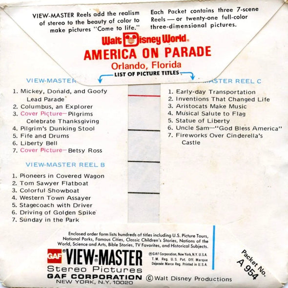 Walt Disney World - America On Parade - View-Master 3 Reel Packet - 1970s Views - Vintage - (ECO-A954-G5A) Packet 3dstereo 