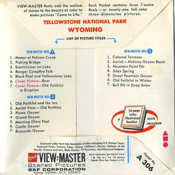 Yellowstone National Park - South - View-Master 3 Reel Packet - 1970s views - vintage - (PKT-A306-G3Am) Packet 3dstereo 
