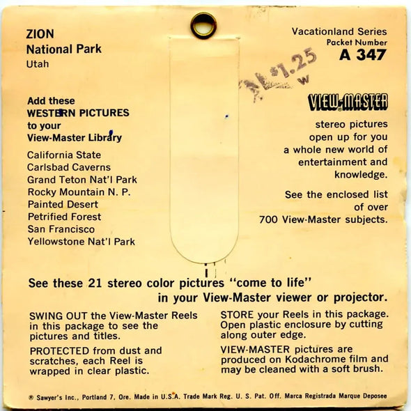 Zion National Park - View-Master 3 Reel Packet - 1960s Views - Vintage - (ECO-A347-SX) Packet 3dstereo 