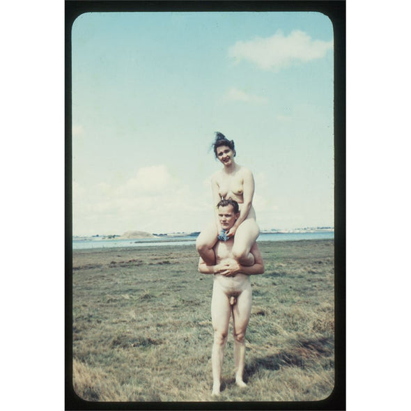 3 ANDREW - Piggy Back - Nude Couple Slide - Nudist Community - Glass 35mm Metal Mount - by Christ Wahlberg - 1950s - vintage 3Dstereo.com 