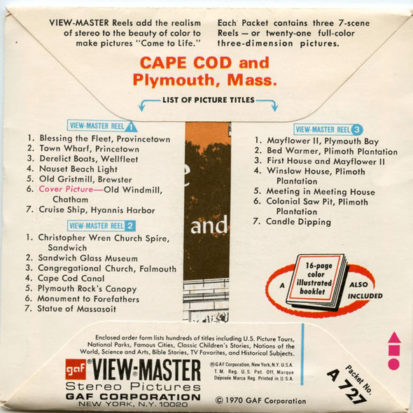 Cape Cod and Plymouth, Mass - Vintage - ViewMaster 3 Reel Packet - 1970s views Packet 3dstereo 