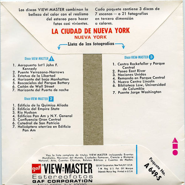 La Ciudad de Nueva York -(New York City) - Vintage Classic ViewMaster(R) 3 Reel Packet - 1970s views - (PKT-A649-S-G1x) Packet 3dstereo 