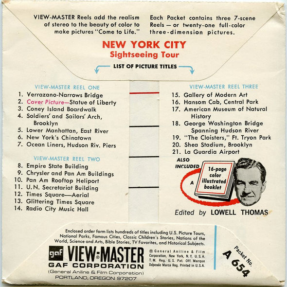 ViewMaster - New York City Sight-Seeing Tour - A654 - Vintage - 3 Reel Packet - 1960s views Packet 3dstereo 