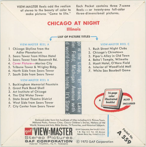 View-Master 3 Reel Packet - Chicago at Night - Chicago, Illinois - vintage - (A559-G3A)