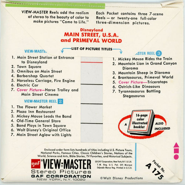 Main Street - Primeval World - Disneyland - View-Master - Vintage - 3 Reel Packet - 1970s Views - A175 Packet 3dstereo 
