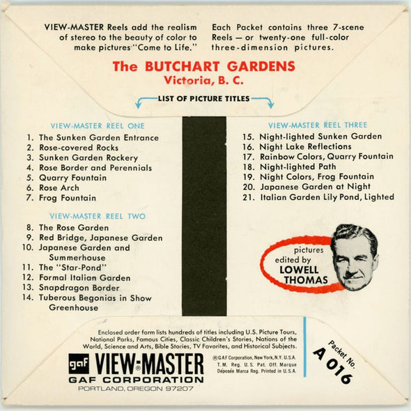ViewMaster - The Butchart Gardens - A016 - Vintage -3 Reel Packet - 1960s views Packet 3dstereo 