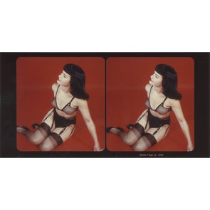 Bettie Page Pin-up-3X3 Stereo Pair Print - In the studio, red backdrop - Real Photograph for Stereo Card Mounts - vintage 3Dstereo.com 