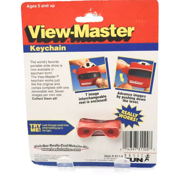 3 ANDREW - Mini-View-Master Keychain - Red Model L Viewer w/Interchangeable Reel - On Card - vintage Viewers 3dstereo 