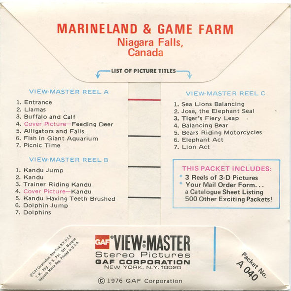  Marineland & Game Farm - View-Master 3 Reel Packet - 1970s views - vintage - (A040-G5A) Packet 3dstereo 