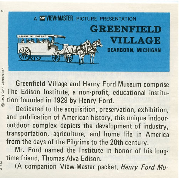 Greenfield Village - Dearborn, Michigan - Vintage Classic ViewMaster 3 Reel Packet - 1960s views -(PKT-A584-G5C) Packet 3dstereo 