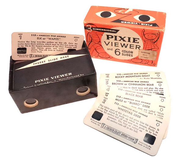 4 ANDREW - Pixie Viewer - American Wild Animals - 6 Kodachrome Color Cards & Viewer Box - vintage 3Dstereo 