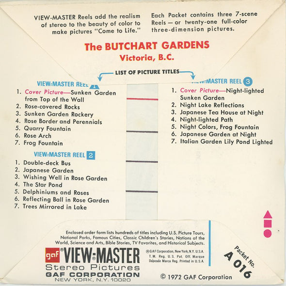 Butchart Gardens - View-Master 3 Reel Packet - 1970's view - vintage - (PKT-A016-G3B) Packet 3dstereo 