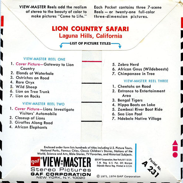 Lion Country Safari California - View-Master 3 Reel Packet - 1970s views - vintage - (PKT-A231-G3B) Packet 3dstereo 
