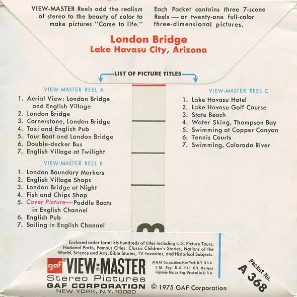 View-Master 3 Reel Packet - London Bridge - Lake Havasu City, Arizona - vintage - (A368-G3A)