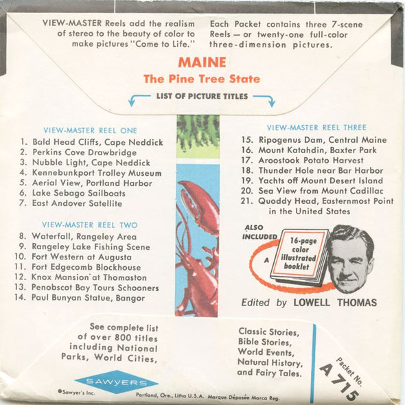 Maine - State Tour Series - View-Master 3 Reel Map Packet - 1960s - vintage - A715-S6A Packet 3dstereo 