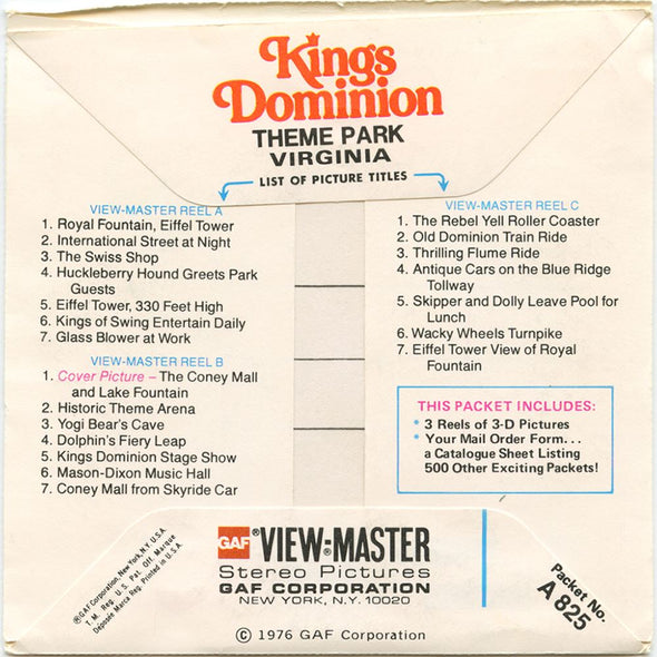 Kings Dominion Theme Park - View-Master 3 Reel Packet - vintage - A825-G5A Packet 3Dstereo 